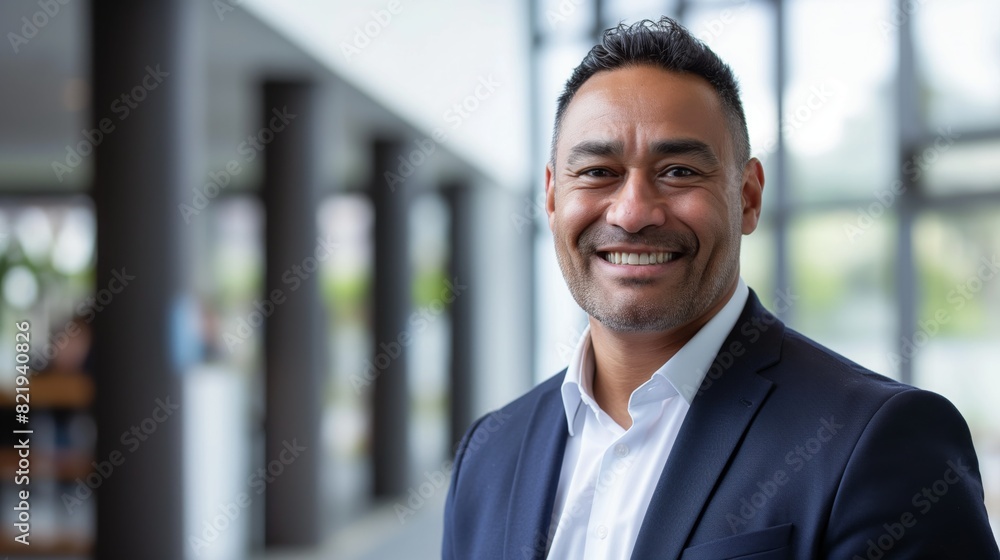 Smiling Business Professional in Formal Attire, Corporate Office Background, Emphasizing Multicultural Workforce and Friendly Workplace Environment