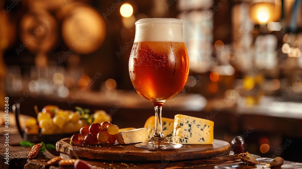 A delicious amber beer sits on a wooden table next to a variety of cheeses and grapes. The perfect way to end a long day. A delicious amber beer sits on a wooden table next to a variety of cheeses and grapes. The perfect way to end a long day.