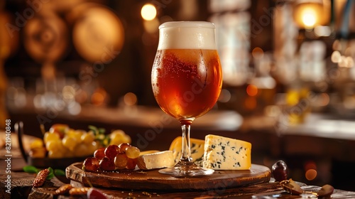 A delicious amber beer sits on a wooden table next to a variety of cheeses and grapes. The perfect way to end a long day.