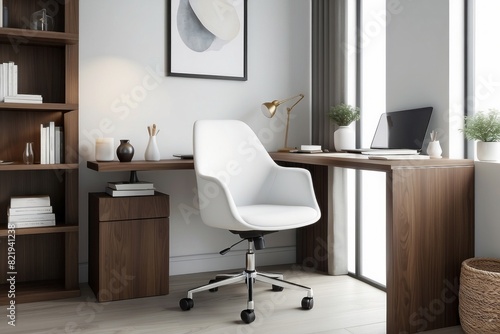 Walnut And Frosty White Study Room Design With Armless White Chair