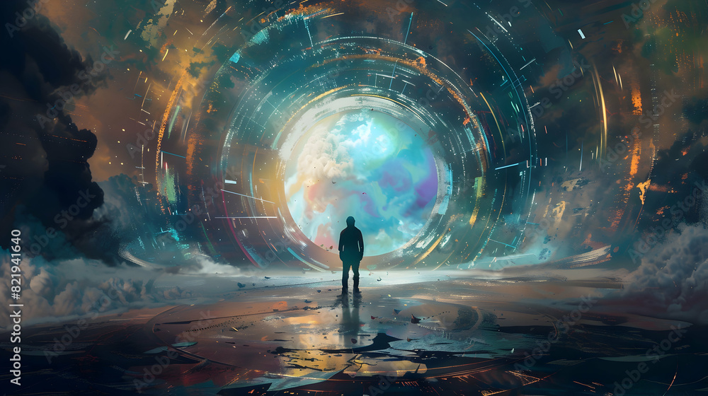 sci-fi concept showing a man standing at the futuristic portal, digital ...