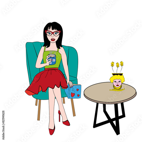 Mujer sentada leyendo y tomándose un café.