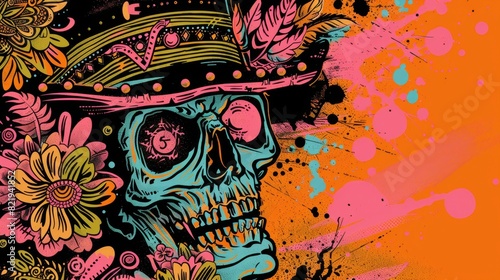 Vibrant Mexican Skull with Floral Patterns and Splashes photo