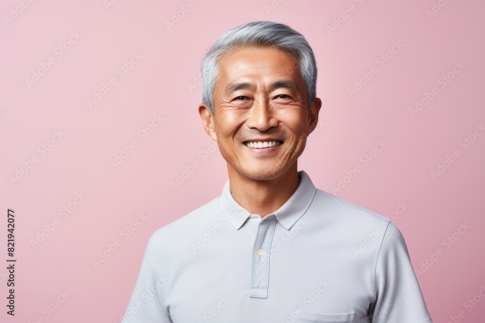 Portrait of a tender asian man in his 80s smiling at the camera on solid pastel color wall Portrait of a tender asian man in his 80s smiling at the camera on solid pastel color wall