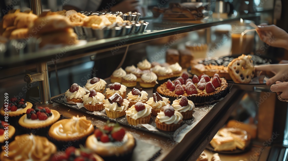 A highangle shot of a French patisserie display case, filled with an array of delicate pastries and tarts, with a barista in the background preparing coffee