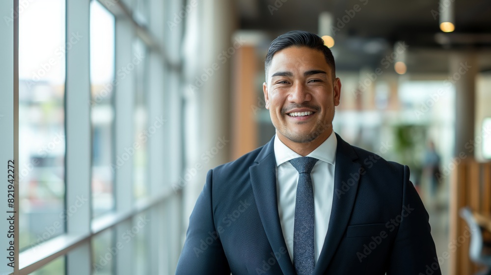 Professional Businessman Smiling in Modern Office Environment for Corporate Design, Print, or Web Use