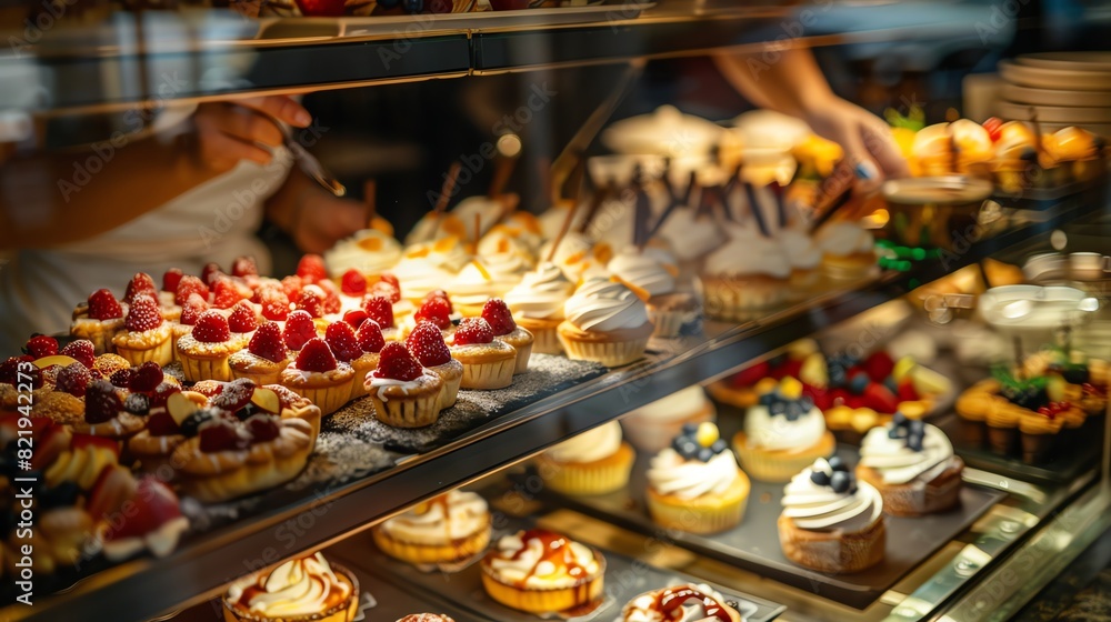 A highangle shot of a French patisserie display case, filled with an array of delicate pastries and tarts, with a barista in the background preparing coffee A highangle shot of a French patisserie display case, filled with an array of delicate pastries and tarts, with a barista in the background preparing coffee