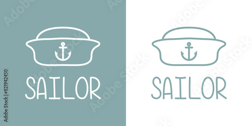 Logo Nautical. Palabra Sailor con silueta de sombrero de marinero de barco con líneas