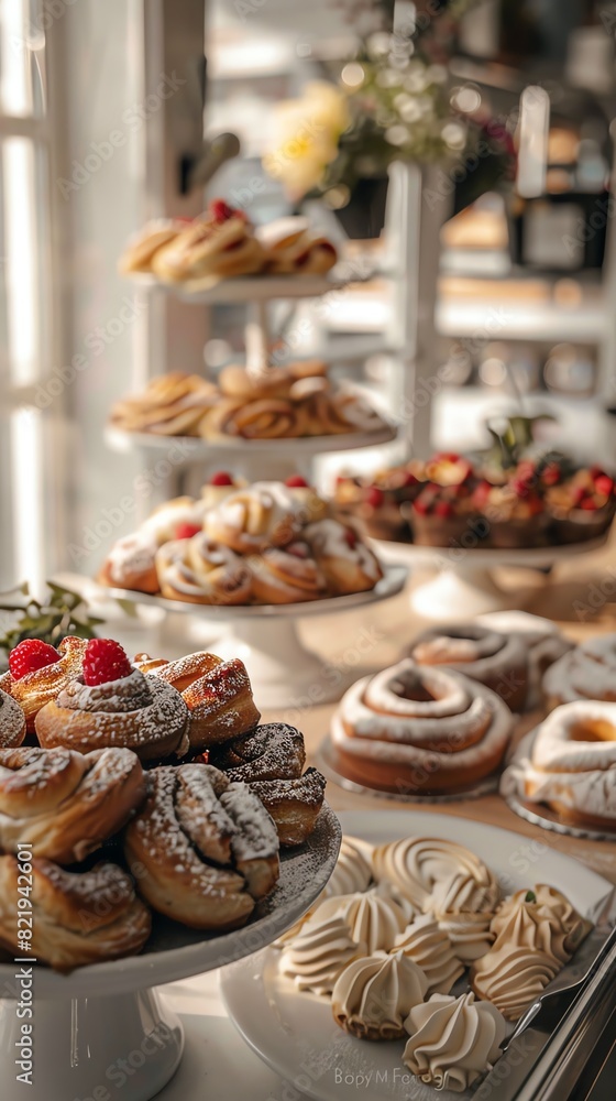 A highangle shot of a Swedish bakery showcasing cinnamon buns and princess cakes, with a cozy, welllit interior A highangle shot of a Swedish bakery showcasing cinnamon buns and princess cakes, with a cozy, welllit interior