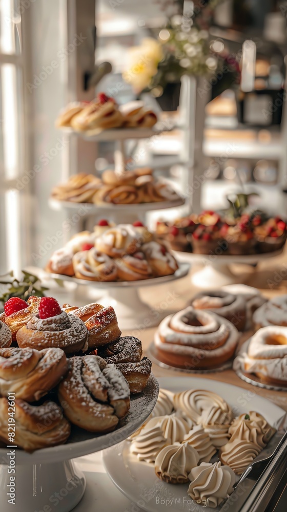 A highangle shot of a Swedish bakery showcasing cinnamon buns and princess cakes, with a cozy, welllit interior