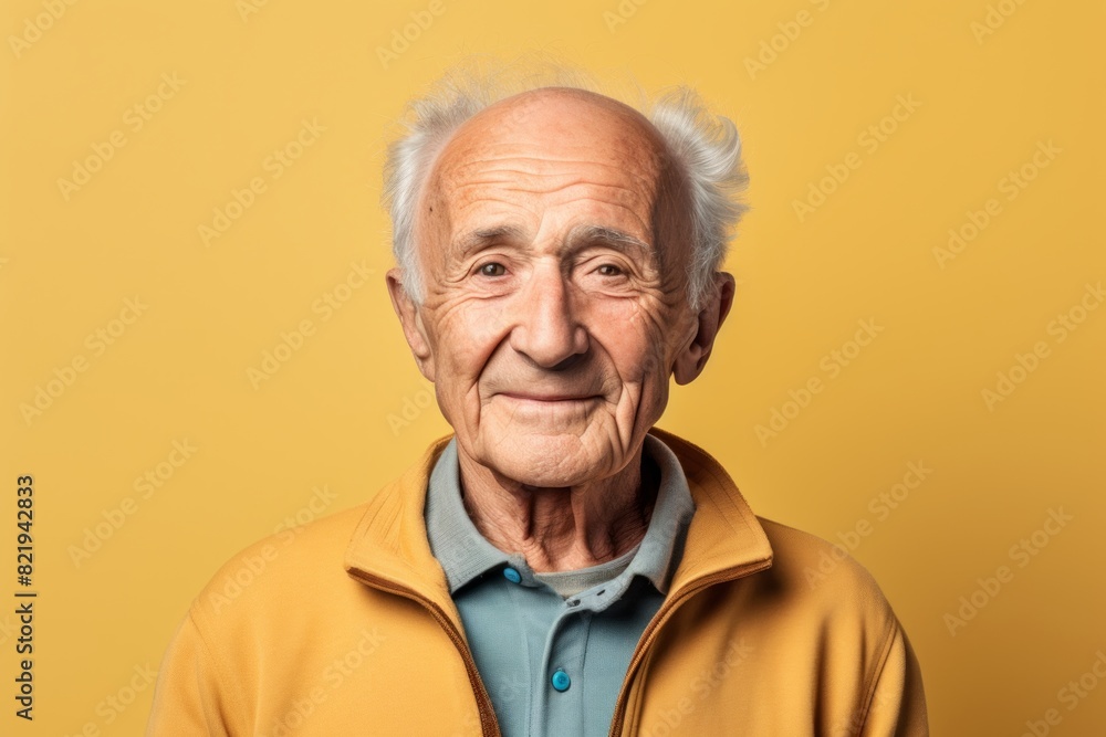 Portrait of a smiling man in his 80s smiling at the camera on solid pastel color wall Portrait of a smiling man in his 80s smiling at the camera on solid pastel color wall