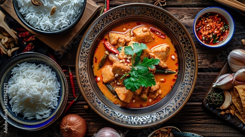 A highangle shot of a traditional Thai dinner with massaman curry, pad kra pao, and jasmine rice, set on a wooden table with intricate decorations photo