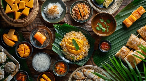 A highangle shot of a traditional Thai dessert table with an assortment of sweets like luk chup, thong yip, and khanom chan, set on a rustic table photo