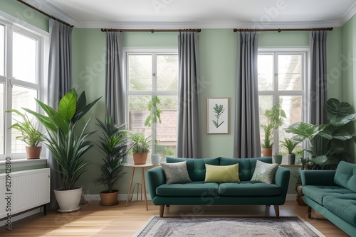 Chic Living Room with Plush Sofas and Vibrant Green Plants