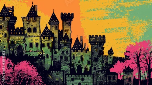 Enchanting Neon-Colored Fantasy Castle at Sunset Illustration © Oksana Smyshliaeva