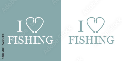 Logo de pesca. Texto I love fishing con anzuelos de pesca con forma de corazón