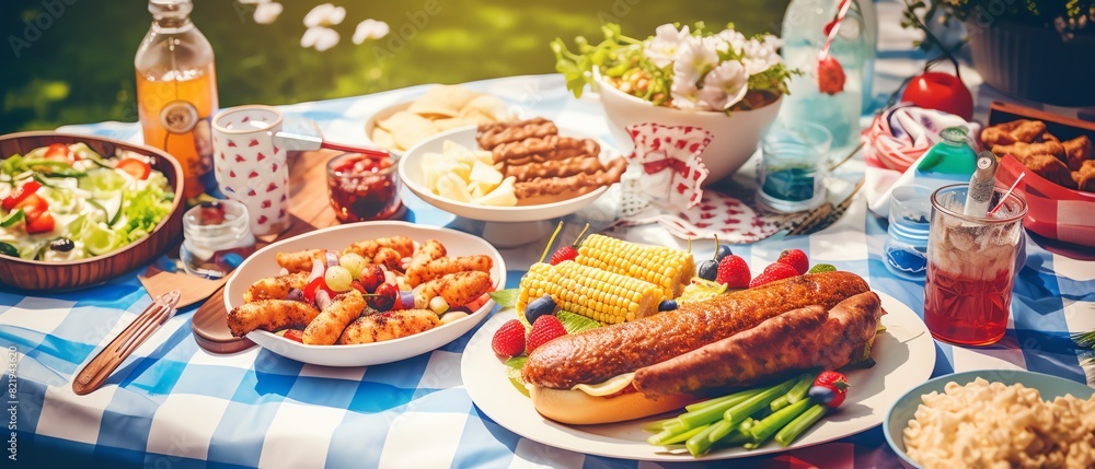 A casual backyard picnic with a grill, American flagthemed paper plates, and a variety of classic BBQ foods, Memorial Day, with copy space