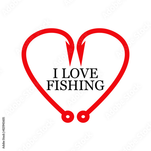 Logo de pesca. Texto I love fishing con anzuelos de pesca con forma de corazón