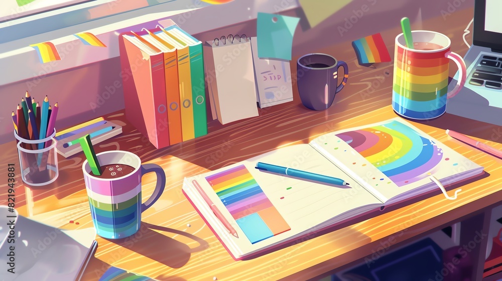Desks adorned with Pridethemed coffee mugs, pens, and notebooks Desks adorned with Pridethemed coffee mugs, pens, and notebooks