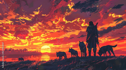 silhouette of a warrior with a pack of wolves looking at sunset sky, digital art style, illustration painting photo