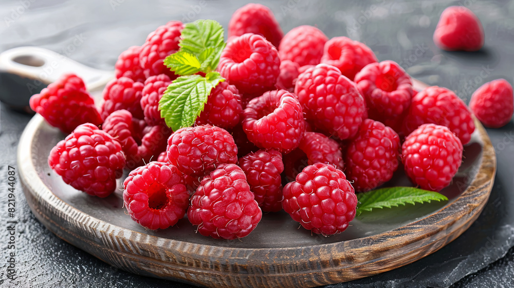 Juicy raspberries in a bowl on a wooden kitchen board