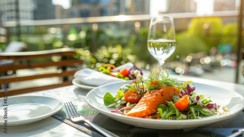Tempting salmon salad dish, plated with city backdrop, outdoor dining experience, close-up highlighting freshness for advertising Tempting salmon salad dish, plated with city backdrop, outdoor dining experience, close-up highlighting freshness for advertising