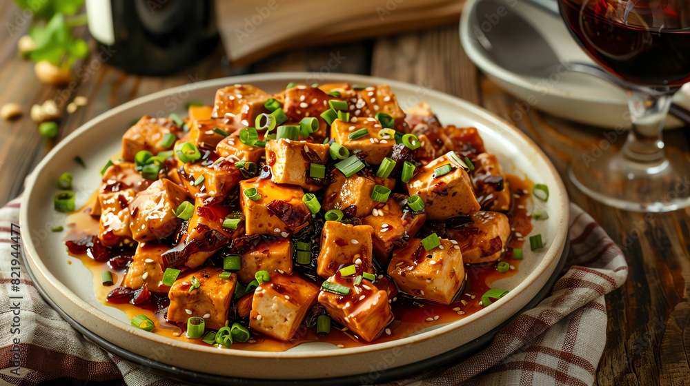 A plate of Chinese mapo tofu with a glass of plum wine A plate of Chinese mapo tofu with a glass of plum wine