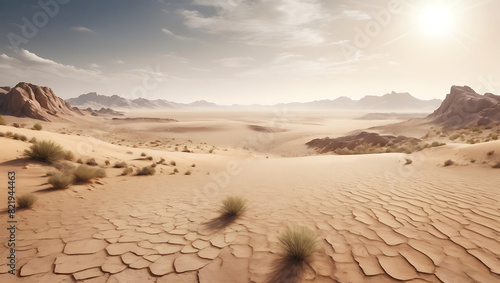 A large wide perspective landscape transforming into a desert, visualizing the effects of barren land, natural light, soft shadows, with copy space 