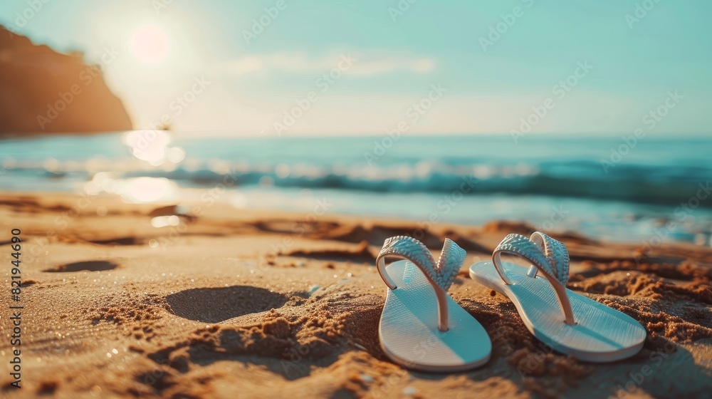 Stylish beach sandals on a sandy shore, close-up shot capturing summer essence, ideal for advertising, bright sun and clear ocean view Stylish beach sandals on a sandy shore, close-up shot capturing summer essence, ideal for advertising, bright sun and clear ocean view