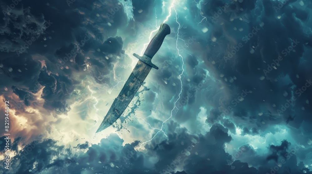 Fototapeta premium Striking down with lightning power, a rustic knife symbolizes swift justice, set against a stormy sky, capturing drama and majesty