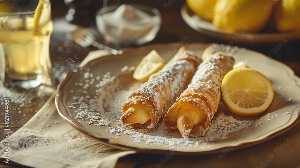 A plate of Italian cannoli with a glass of limoncello