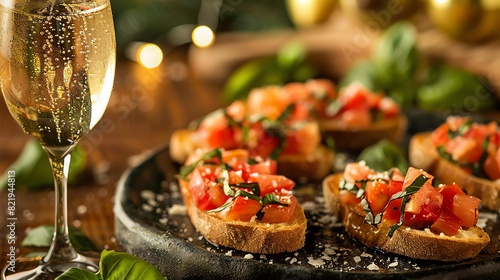 Create an image of a holiday table centerpiece with a plate of bruschetta and a glass of champagne