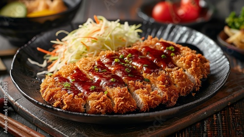 A delicious and crispy Japanese Tonkatsu cutlet, served with shredded cabbage and a sweet and savory Tonkatsu sauce.