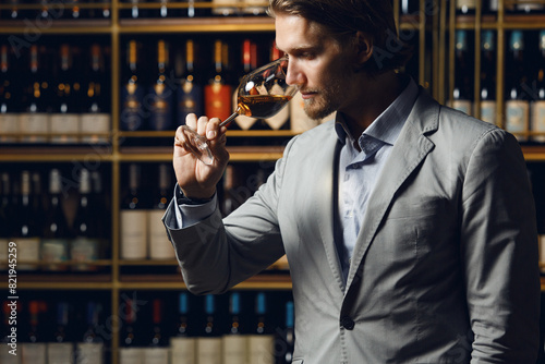 Man appreciating white wine from glass standing in cellar against fulled wooden shelf background with bottles, close up.