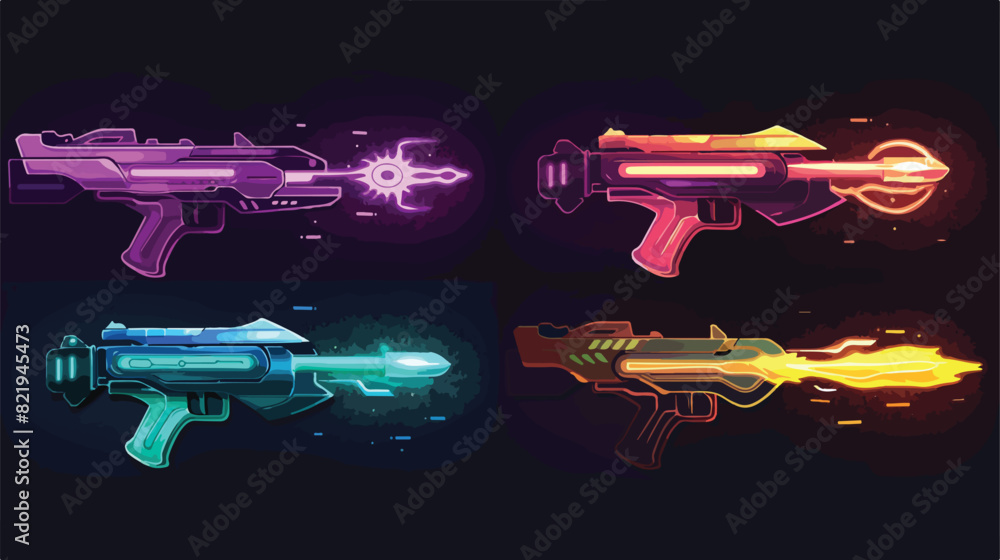Set of four of laser gun shots isolated on black background