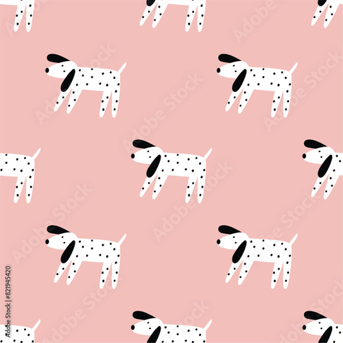 Cute dogs vector illustration in flat style. Pet on a walk with flowers - seamless pattern © webmuza