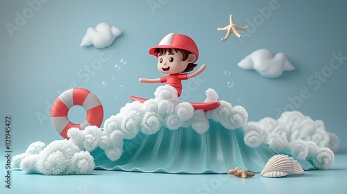 A boy surfs on water waves. Inflatable rings, starfish, beach balls, seashells and clouds float on a light blue background.