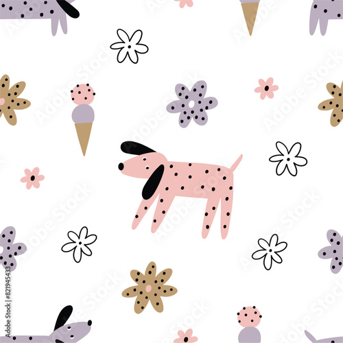 Cute dogs vector illustration in flat style. Pet on a walk with flowers - seamless pattern © webmuza