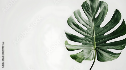Tropical monstera leaf standing alone against a pristine white backdrop  evoking a sense of exotic paradise and lush foliage.