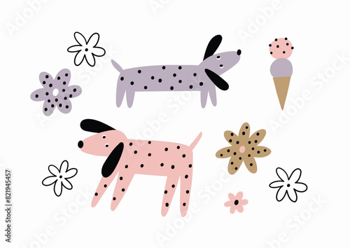 Cute dogs of different breeds, vector illustration in flat style. Pet on a walk with flowers © webmuza