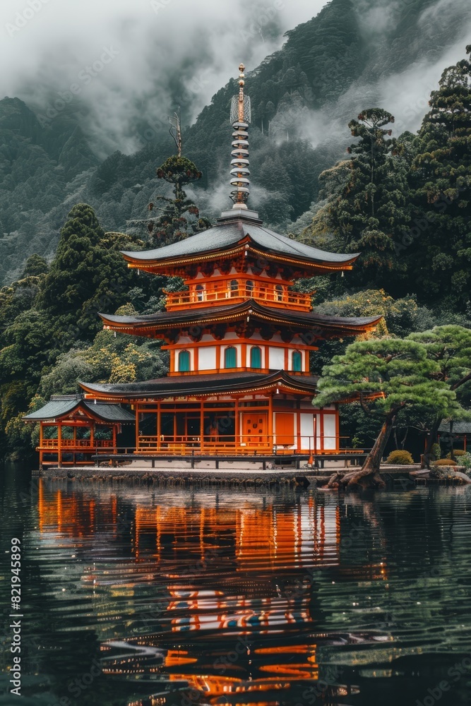 Tranquil ancient japanese temple amidst misty mountains in a mystical fantasy setting