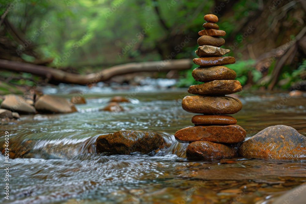 Rocks forming a precarious stack on flowing river Rocks forming a precarious stack on flowing river