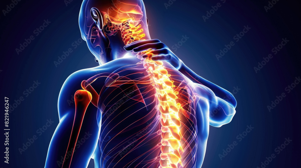 Digital illustration shows a human spine with highlighted pain points ...