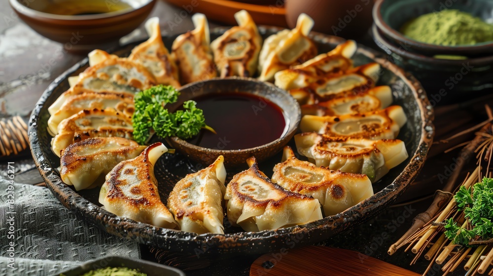 A platter of Japanese gyoza with a cup of matcha tea A platter of Japanese gyoza with a cup of matcha tea