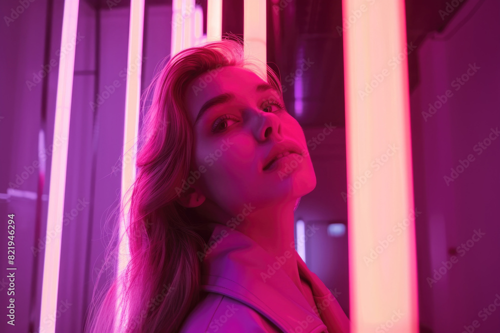 Charming woman stands in front of a vibrant purple light, creating a striking contrast against the dark background Charming woman stands in front of a vibrant purple light, creating a striking contrast against the dark background