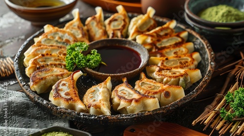 A platter of Japanese gyoza with a cup of matcha tea photo