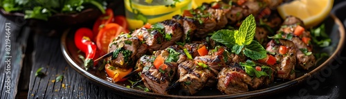Garnished with fresh mint and served with grilled vegetables and lemon wedges, these delectable lamb skewers are marinated in a blend of spices and herbs, then grilled to perfectio photo