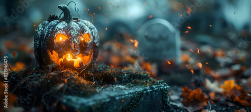 A close-up of a spooky gravestone with a Halloween lantern illuminating it