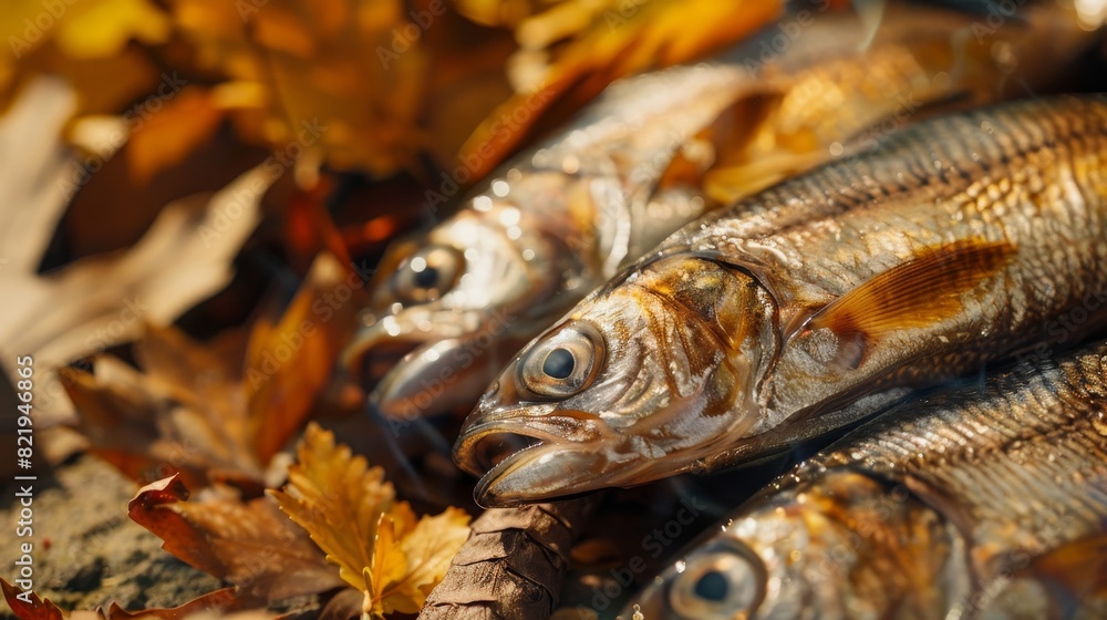 Small smoked fish, golden smelt lying on a picturesque autumn backdrop, detailed close-up for a captivating culinary visual