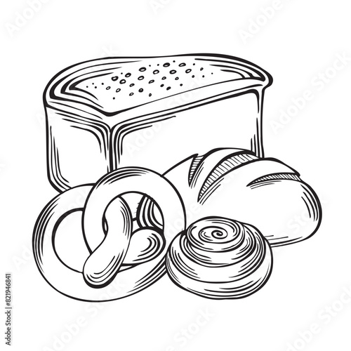 Bread loaf Pretzel and Cinnamon bun with round bread. Bakery goods, wheat and rye. Vector illustration linear, isolated. Sketch food products. Template for wrapping, cookbook, menu, showcase, website.